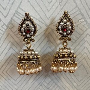 Gold-Tone Pearl Jhumka Earrings with Red Accent - Women Jewelry